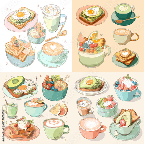 Bright watercolor illustrations of healthy breakfast and brunch foods like toast, avocado, fruit bowls, and coffee. Ideal for menu design, nutrition blogs, or food content.

