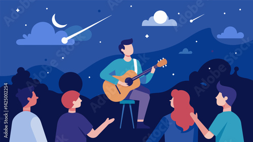 A musician playing a soft melody on their guitar serenading a group of listeners as they all watch shooting stars streak across the night sky..