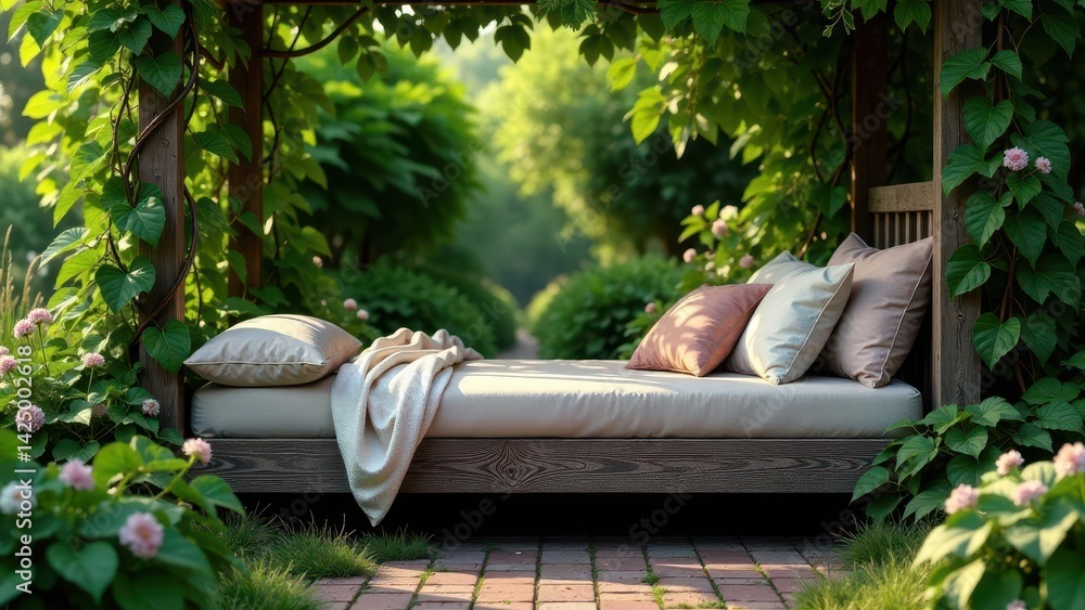 Serene Garden Daybed with Soft Pillows and Throw, Nestled Under Lush Greenery