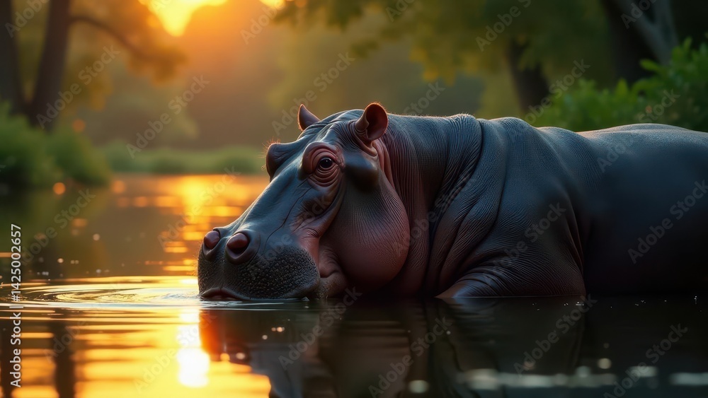 Serene Hippopotamus Submerged in Golden Sunset Waters, Reflecting Peaceful Tranquility