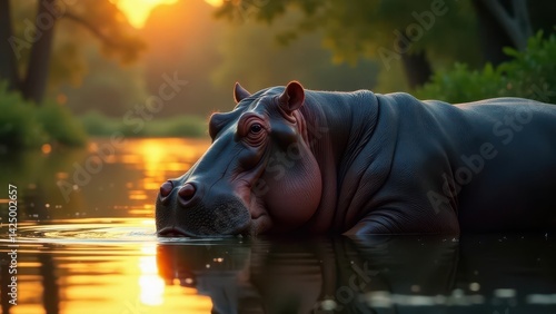 Obraz na płótnie Serene Hippopotamus Submerged in Golden Sunset Waters, Reflecting Peaceful Tranquility w salonie