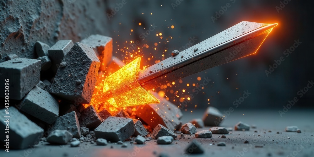 Glowing arrowhead piercing through a fragmented stone wall, symbolizing breakthrough, innovation, and overcoming obstacles