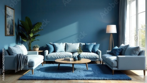Obraz na płótnie Serene Living Room Design Featuring a Light Blue Sofa and Plush Pillows, Accentuated by a Shaggy Blue Rug and a Modern Coffee Table, Complemented by Elegant Floor Lamp and Tropical Plant w salonie
