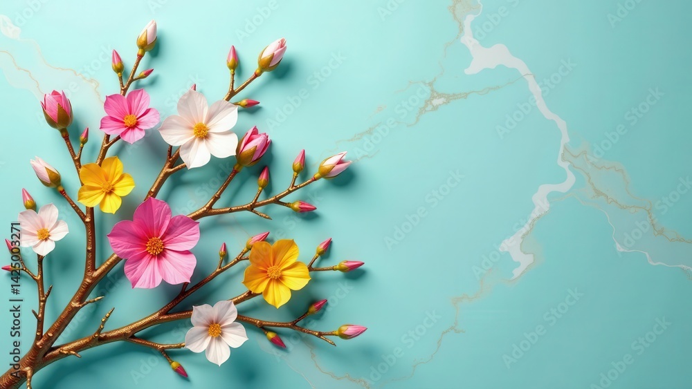 Golden Branch with Delicate Paper Blossoms on a Teal Background