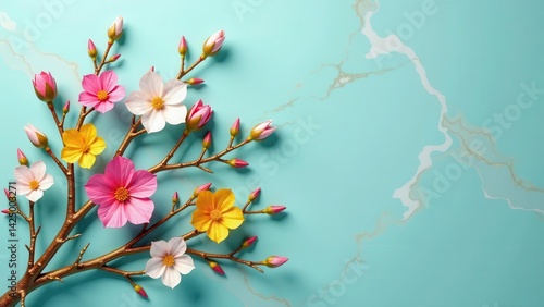 Obraz na płótnie Golden Branch with Delicate Paper Blossoms on a Teal Background w salonie