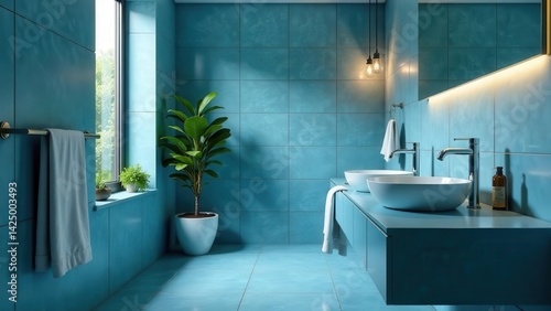 Obraz na płótnie Serene Teal Bathroom Design with Modern Fixtures and Lush Greenery w salonie