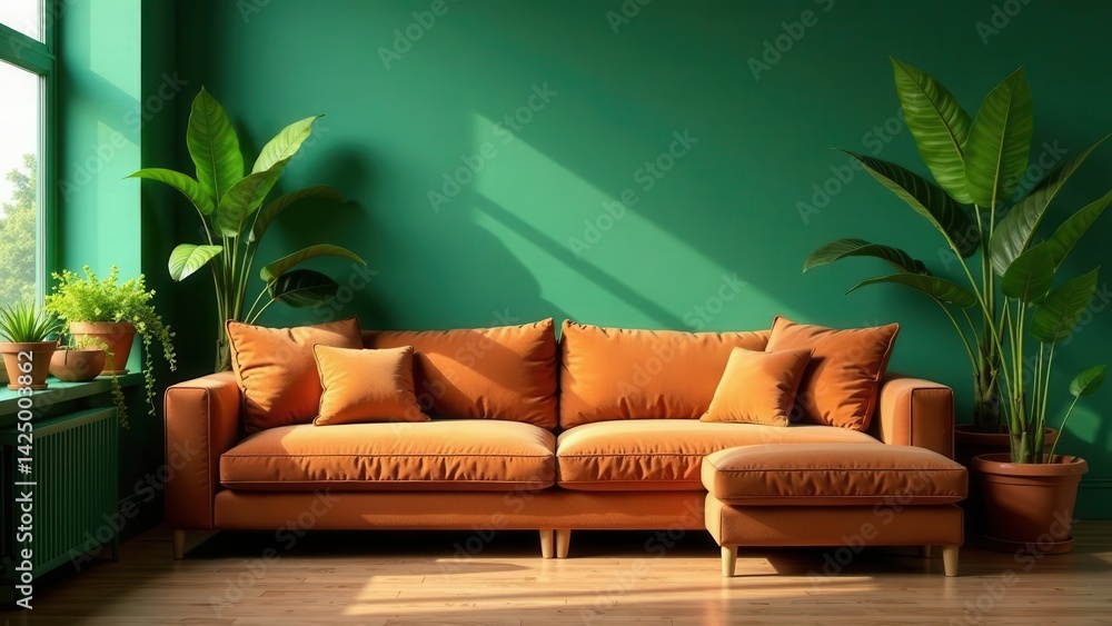 Sunlit Living Room with Orange Sofa and Lush Green Plants