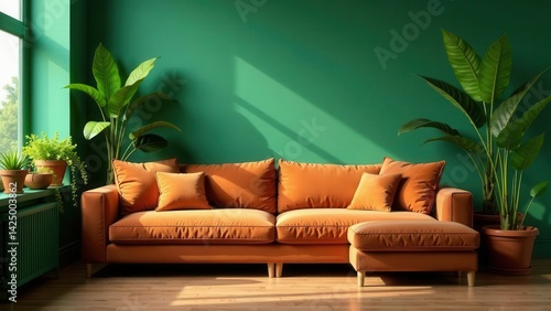 Obraz na płótnie Sunlit Living Room with Orange Sofa and Lush Green Plants w salonie