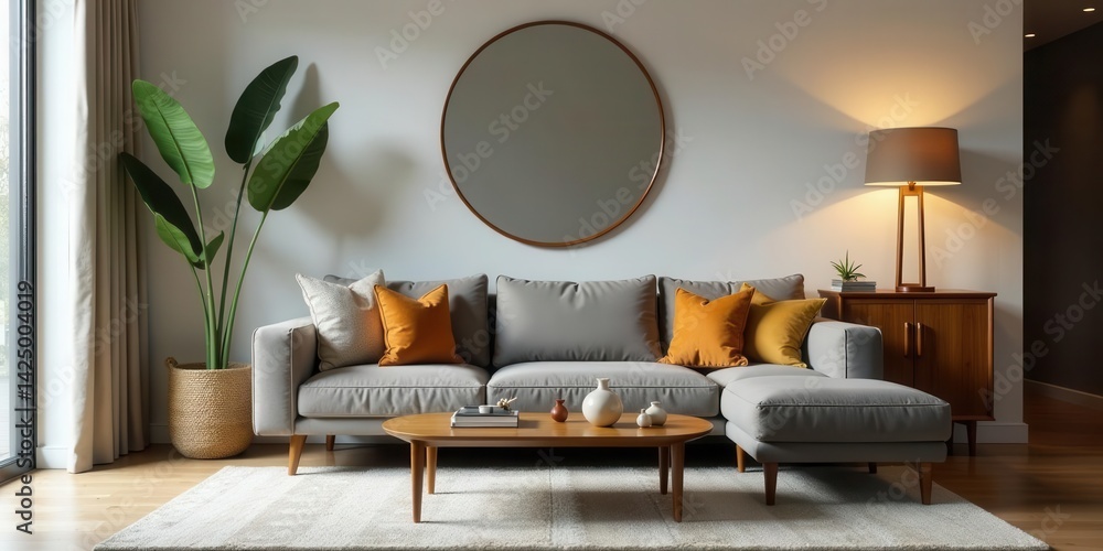 Modern living room interior design with gray sectional sofa, round mirror, and stylish decor