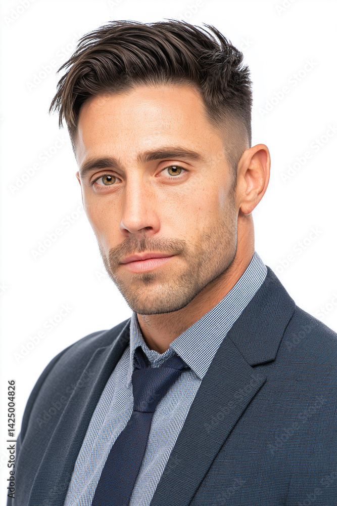 Portrait of a Confident Man in His Early 30s, Professional Headshot with Subtle Shadowing and a Calm Expression, Wearing a Blue Button-Down Shirt Under a Navy Blazer, Clean-Shaven with Short, Dark Portrait of a Confident Man in His Early 30s, Professional Headshot with Subtle Shadowing and a Calm Expression, Wearing a Blue Button-Down Shirt Under a Navy Blazer, Clean-Shaven with Short, Dark