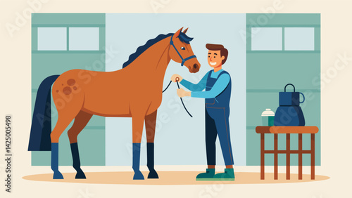 A handsome horse is being groomed in a stable with a mobile tool being used to give their hooves a shiny and healthy finish.. Vector illustration
