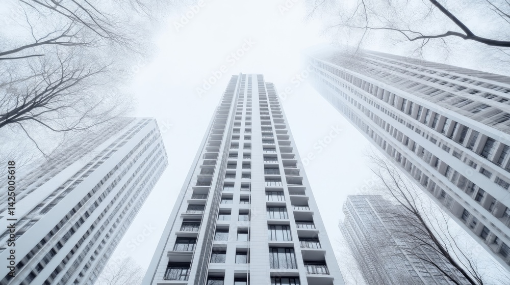 Fototapeta premium Modern high-rise buildings in a city, seen from a ground level perspective, looking upwards. The buildings are light colored, and trees are visible around the base of the structures