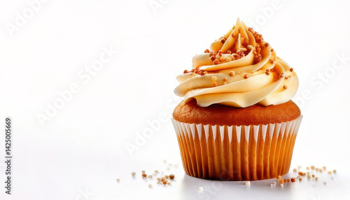 delicious cupcake with frosting and sprinkles is isolated on white background, showcasing its sweet and tempting appearance