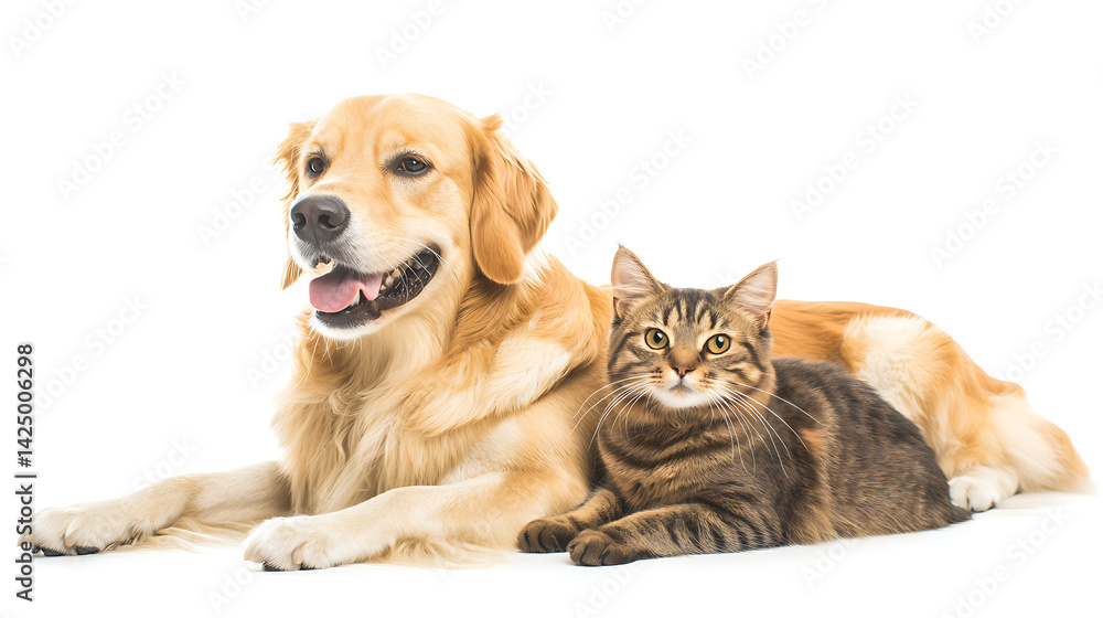 A golden retriever and a tabby cat are laying on a white background A golden retriever and a tabby cat are laying on a white background
