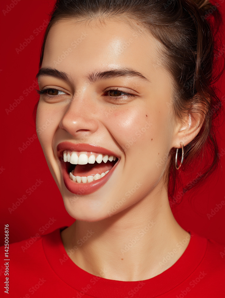Radiant Smile: A Close-Up Portrait of a Woman in her Early Twenties with a Vibrant, Joyful Expression Against a Bold Red Background, Showcasing Healthy Teeth and Glowing Skin. Radiant Smile: A Close-Up Portrait of a Woman in her Early Twenties with a Vibrant, Joyful Expression Against a Bold Red Background, Showcasing Healthy Teeth and Glowing Skin.
