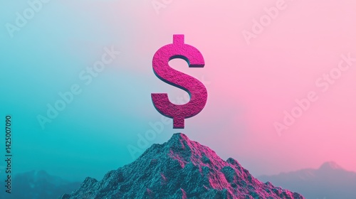 dollar sign monument standing tall on mountain summit, radiant sparkles in the sky