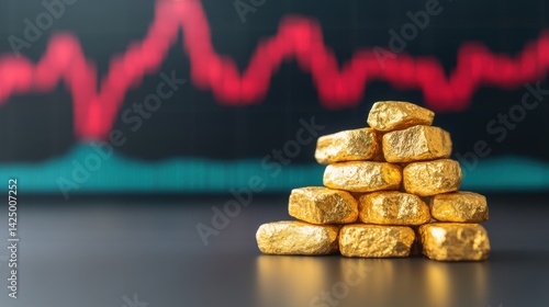 Gold price volatility. Increasing demand for gold. The amount of gold in the economic system. Gold nuggets with financial graph background.