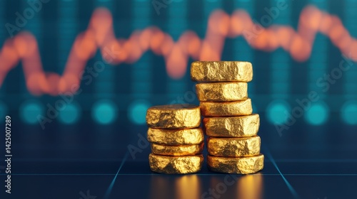 Gold price volatility. Increasing demand for gold. The amount of gold in the economic system. Gold nuggets with financial graph background.