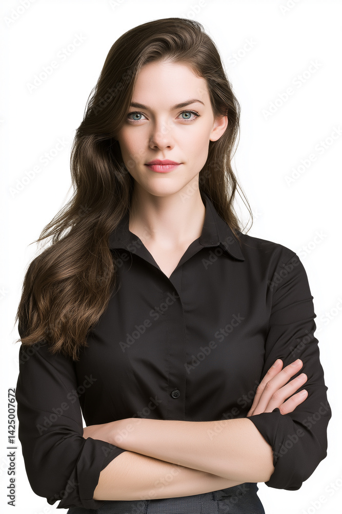 Close-up Portrait: Young Woman in Her Early Twenties with Long Brown Hair Wearing a Black Collared Shirt, Studio Shot Against White Background - Elegant Simplicity and Professionalism Close-up Portrait: Young Woman in Her Early Twenties with Long Brown Hair Wearing a Black Collared Shirt, Studio Shot Against White Background - Elegant Simplicity and Professionalism