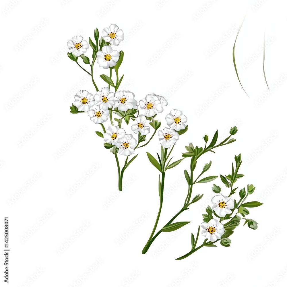 Obraz premium Blooming White Flowers Illustration on Stems for Botanical Art Concept