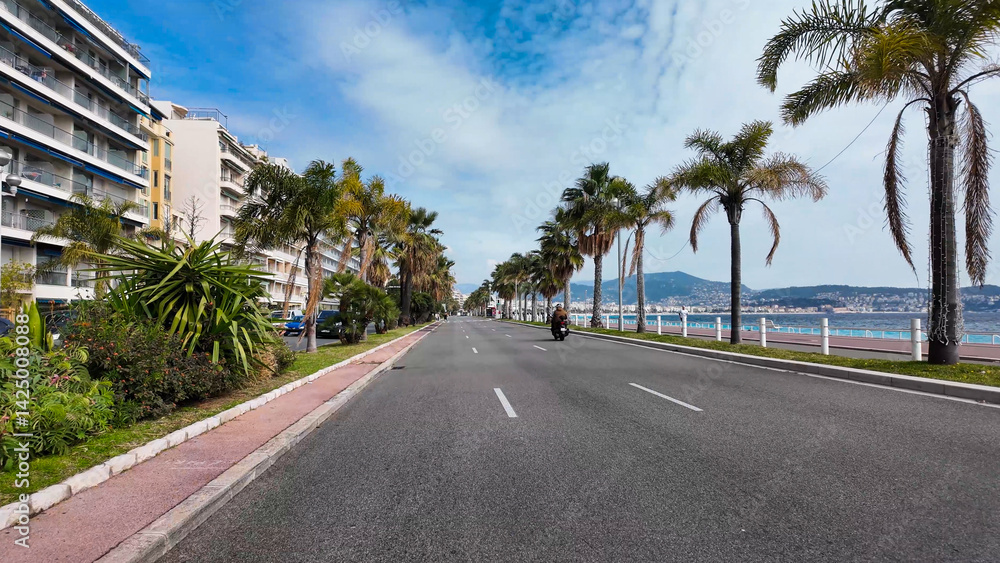 Naklejka premium French Riviera. Promenade des Anglais in Nice, Provence-Alpes-Cote d'Azur, France 27 February 2025