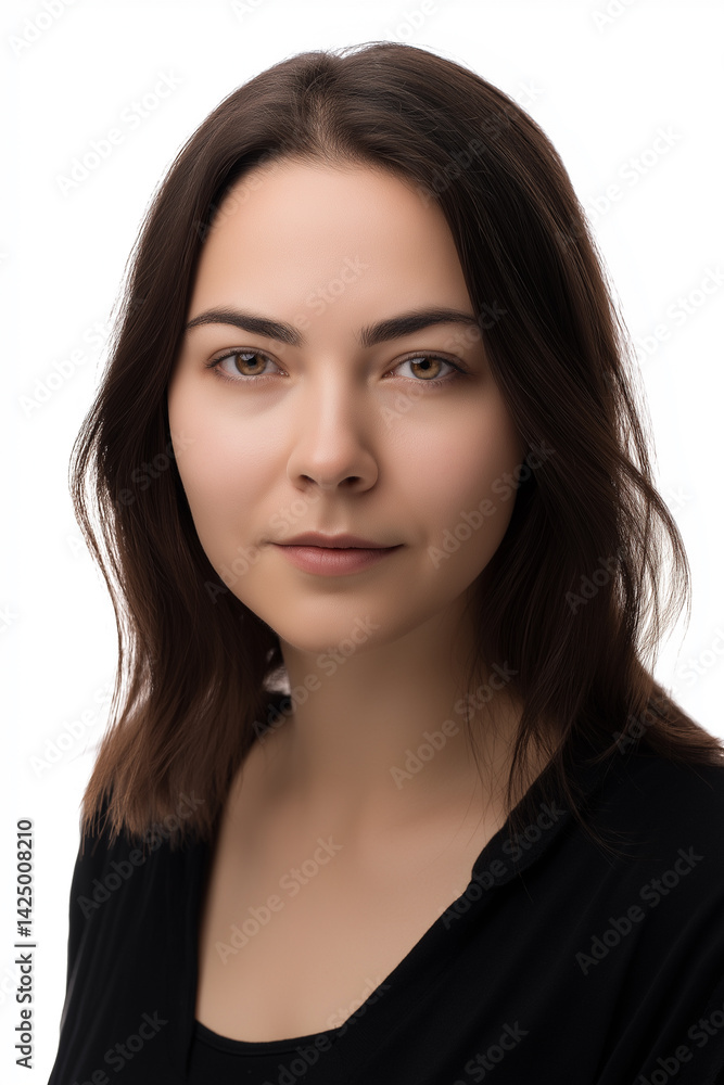 Serene Gaze: Portrait of a Woman in Her Early Twenties with Shoulder-Length Brown Hair, Neutral Expression, and Soft Lighting Serene Gaze: Portrait of a Woman in Her Early Twenties with Shoulder-Length Brown Hair, Neutral Expression, and Soft Lighting