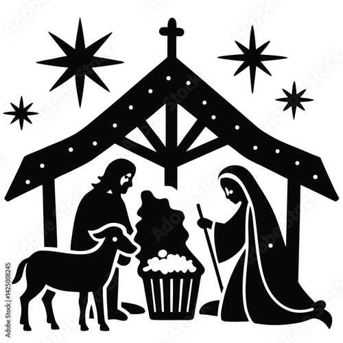 Simple Black and White Nativity Scene Illustration