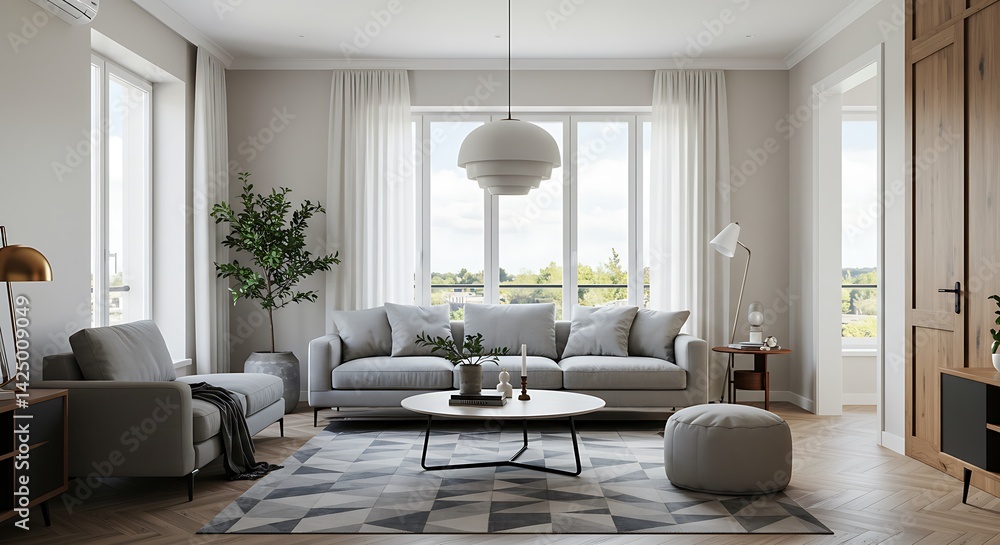 Fototapeta premium A bright living room with a gray sofa, a round table, and a patterned rug in a modern apartment