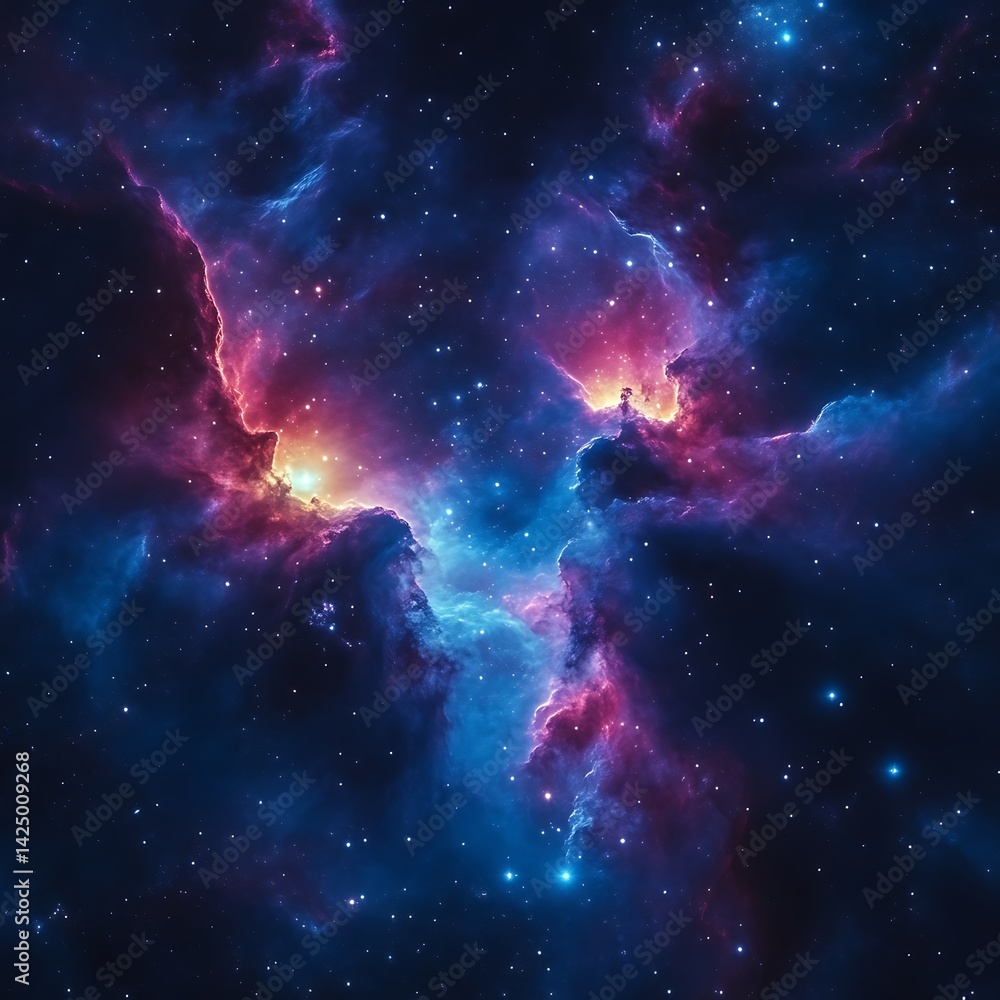 Fototapeta premium Vibrant nebula with blue and red hues, cosmic dust and stars