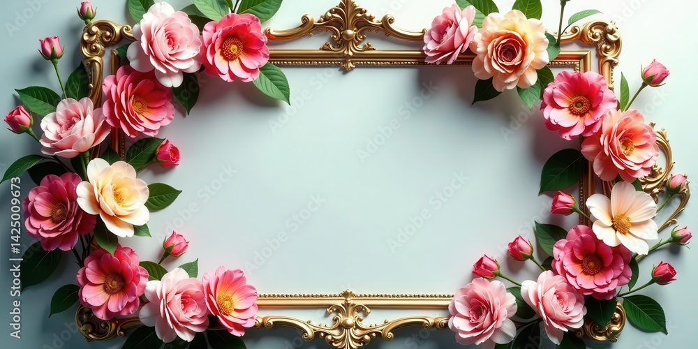 Ornate Golden Frame Adorned with Delicate Pink and Peach Roses, a Romantic Floral Arrangement