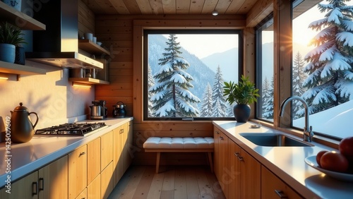 Obraz na płótnie Serene mountain view kitchen with wooden cabinetry and winter wonderland scenery w salonie