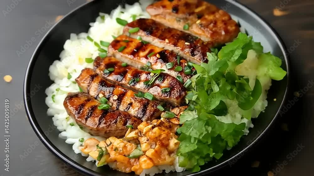 Grilled pork tenderloin bowl with rice and herbs Grilled pork tenderloin bowl with rice and herbs