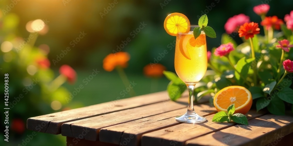 Refreshing citrus beverage on rustic wooden table in vibrant garden setting