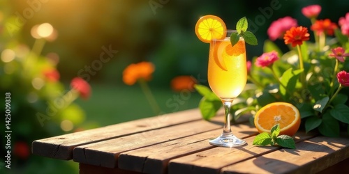 Obraz na płótnie Refreshing citrus beverage on rustic wooden table in vibrant garden setting w salonie