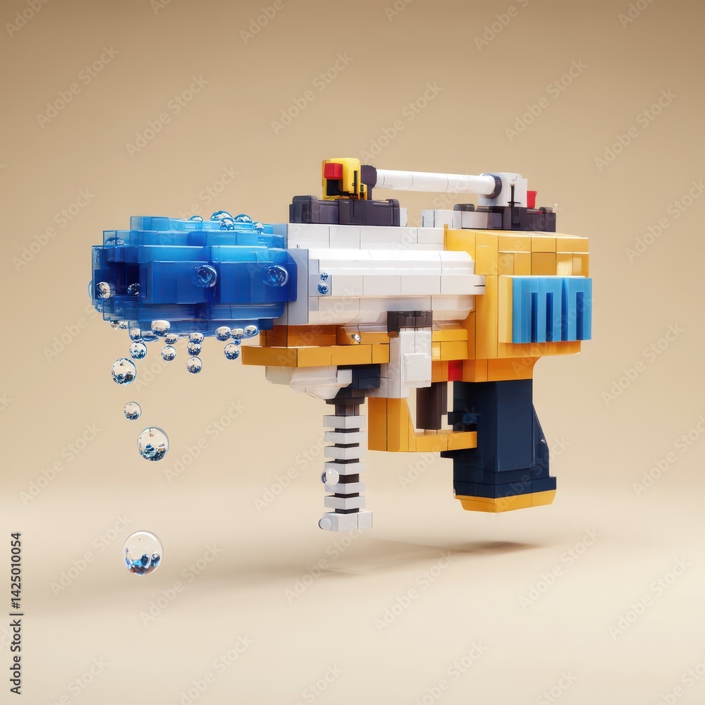 Fototapeta premium Colorful toy water gun made with building blocks, floating bubbles and modern design for kids, summer fun, outdoor play, and more