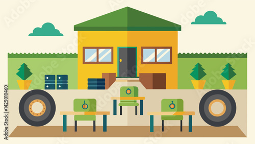 A community center offering classes on how to turn old tires into furniture providing a costeffective and environmentally friendly alternative.. Vector illustration