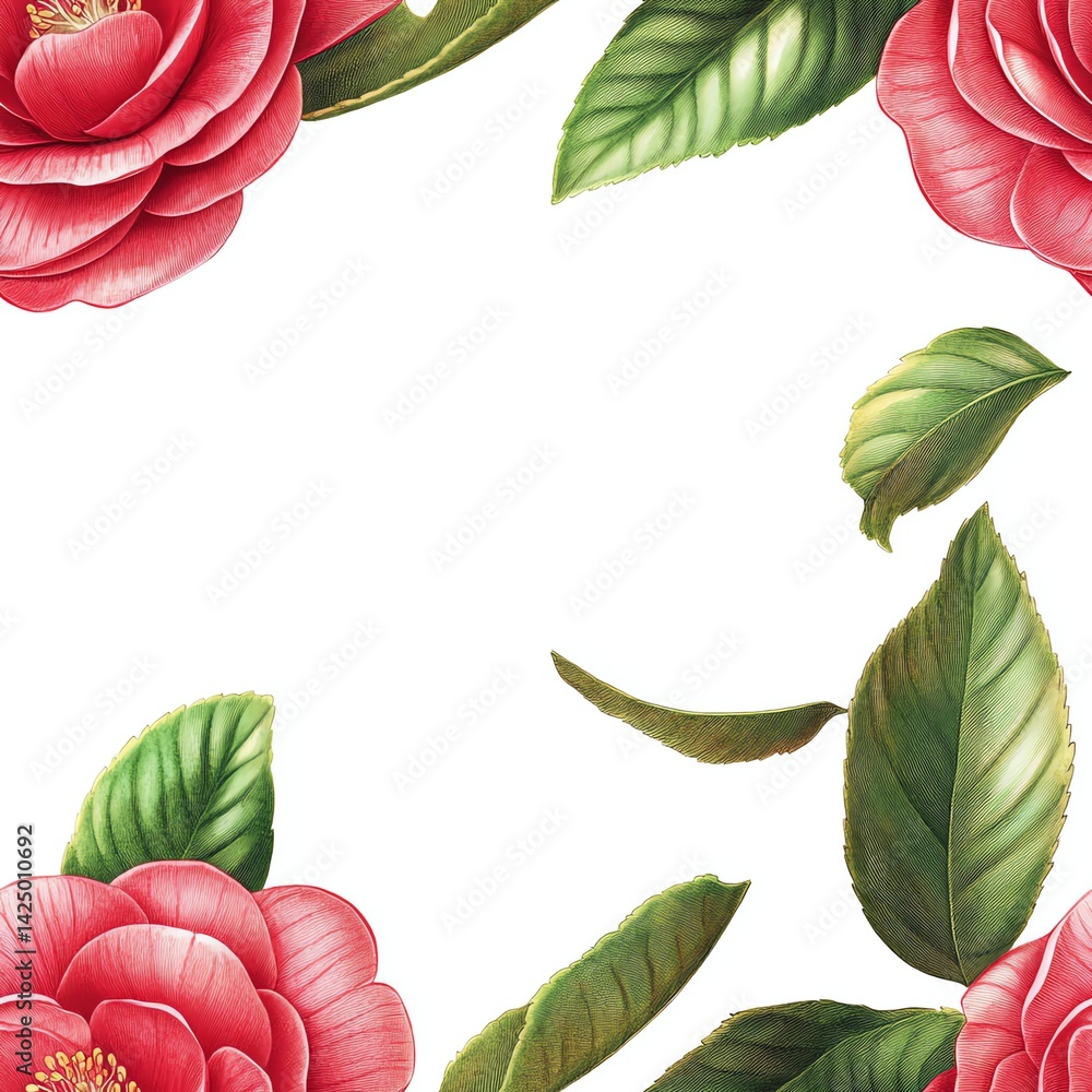 Obraz premium Vintage Style Red Camellia Flower and Green Leaves Frame on White