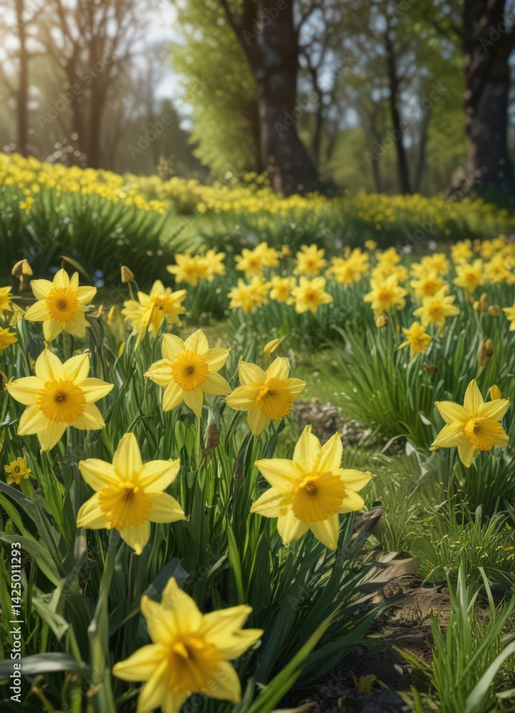 Fototapeta premium Sunlit daffodils burst forth in vibrant yellow against a lush green meadow , nature photography, fresh