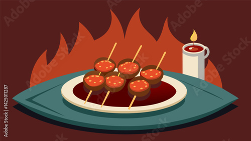 A platter of sizzling meat skewers labeled The Fear of the Unknown served with a side of mysterious dipping sauce..