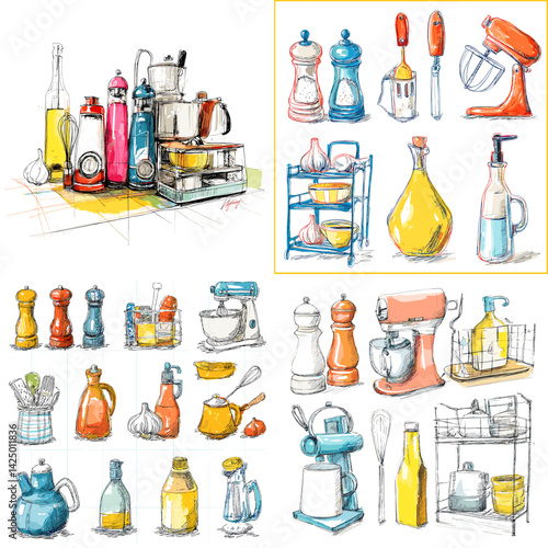 Colorful kitchen tool illustrations in hand-drawn sketch style featuring mixers, jars, bottles, utensils, and shelves. Ideal for cooking content and kitchen decor themes.

