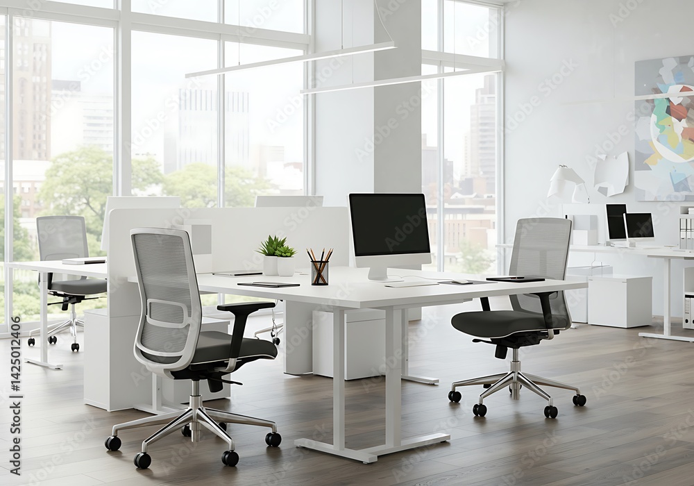 Bright open office space with desks computers and ergonomic chairs near large windows and city views Bright open office space with desks computers and ergonomic chairs near large windows and city views