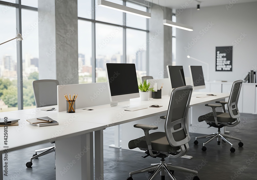 Bright office space featuring white desks computers and ergonomic chairs near large windows light filled room Bright office space featuring white desks computers and ergonomic chairs near large windows light filled room