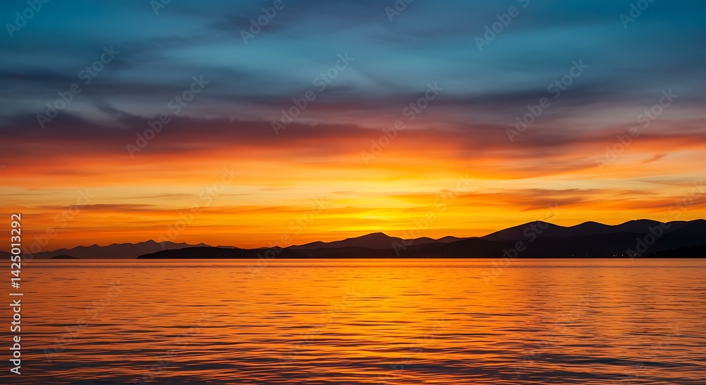 Fototapeta premium Scenic Seascape with Mountain and Colorful Sky