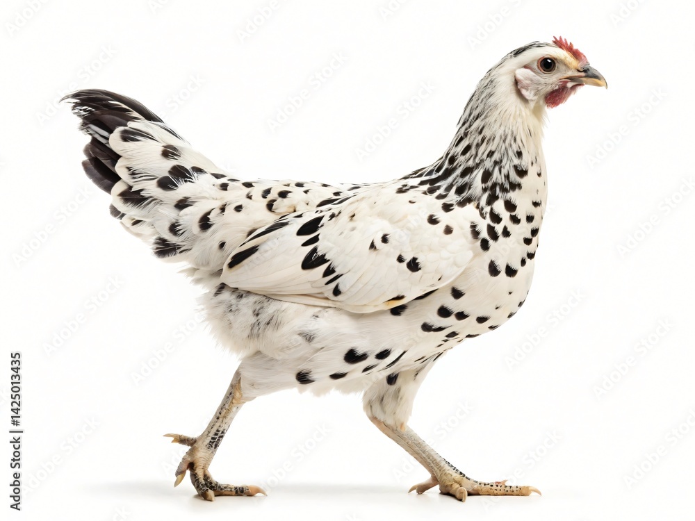 Fototapeta premium White and Black Speckled Hen Walking Poultry Farm Animal Isolated Studio Shot