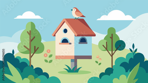 A birdhouse made from a recycled milk carton providing a cozy home for feathered friends in the garden.. Vector illustration
