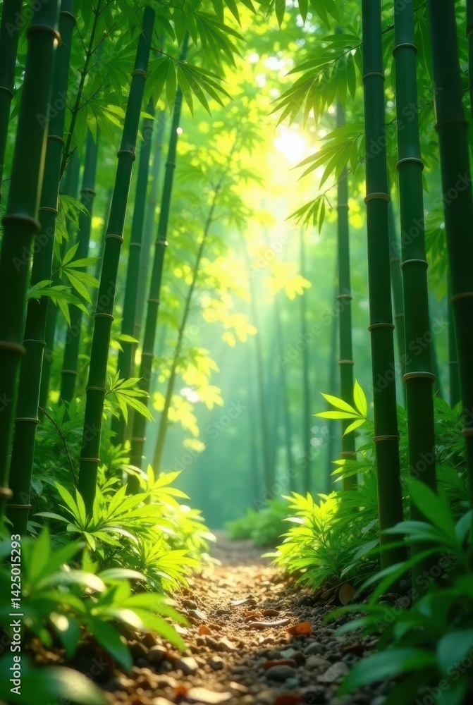 Fototapeta premium Sunlit Path Through a Lush Bamboo Grove, Tranquil and Serene Natural Scene