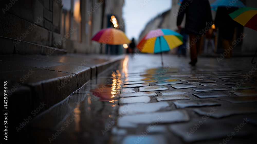 Obraz premium Rainy City Evening Scene with Lights and Pavement