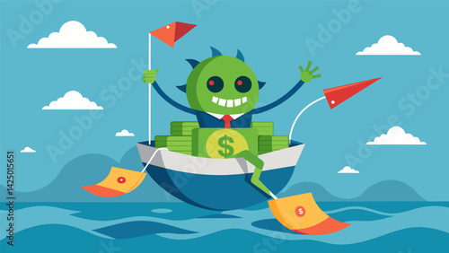 A float with a creature made entirely of money representing the financial incentives driving the creation and spread of fake news..