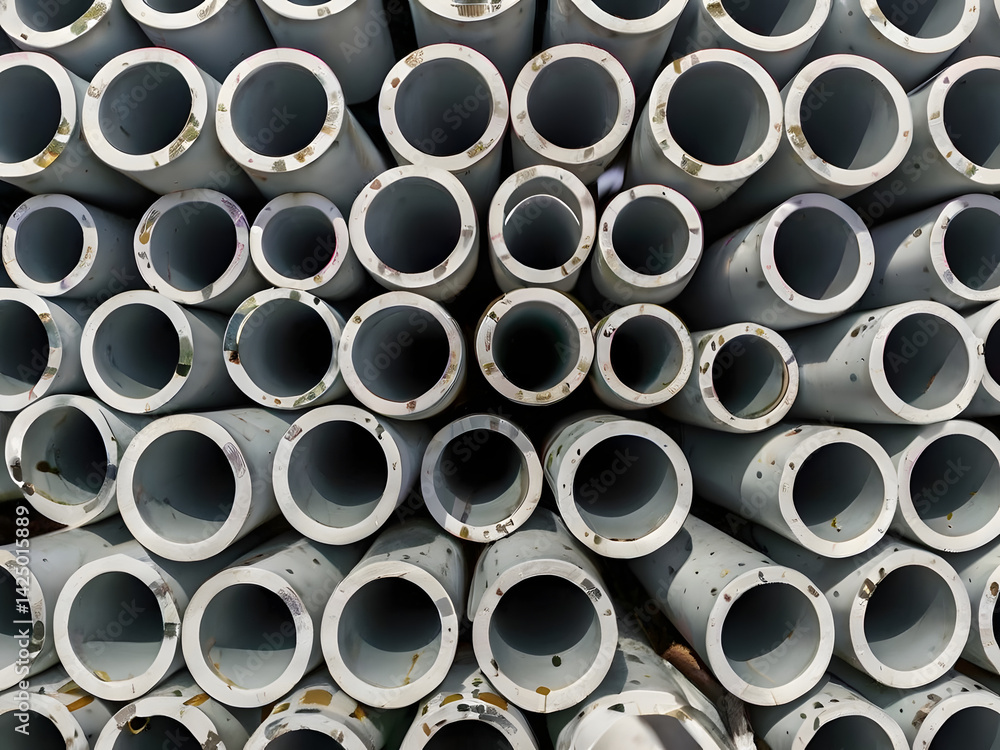 Construction Pipes: A close-up perspective showcases rows of cylindrical pipes, their circular openings creating a repetitive pattern. Construction Pipes: A close-up perspective showcases rows of cylindrical pipes, their circular openings creating a repetitive pattern.