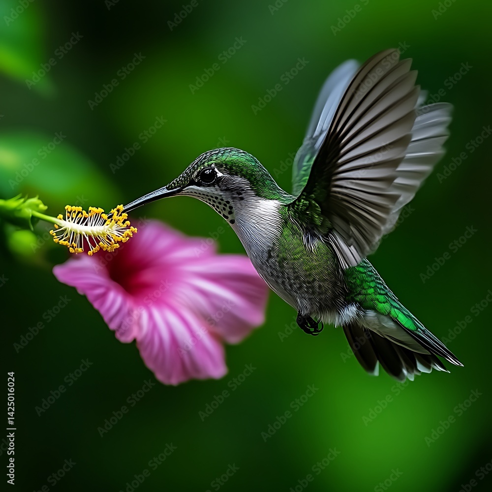 Fototapeta premium Hummingbird in flight, feeding on a vibrant hibiscus flower